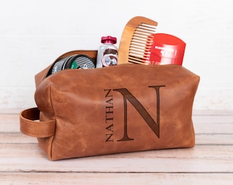 Christmas Gifts for Husband, Mens Leather Toiletry Bag, Custom Birthday Gift Grandpa, Bonus Dad, Father in Law, Monogrammed Dopp Kit