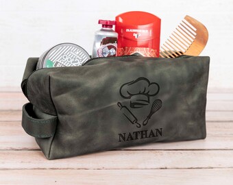 Leather Groom Gift for Baker, Gift for Pastry Chef, Personalized Gift for Baker, Engraved Toiletry Bag Confectioner, Personalized Dopp Kit
