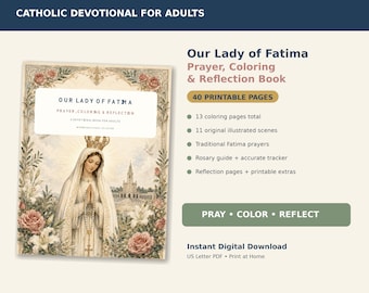 Libro da colorare della Madonna di Fatima per adulti, diario di preghiera cattolica, devozione al Rosario, PDF stampabile di 40 pagine.