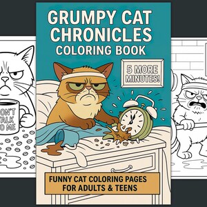 May include: A Grumpy Cat Chronicles coloring book with three panels. The cover features a grumpy cat with an alarm clock and the text "5 MORE MINUTES!". Other panels show grumpy cats with the text "DON'T TALK TO ME" and "NO PAIN NO GAIN (I DISAGREE!)."