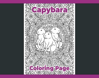 Disegno da colorare di un capibara in stile mandala, illustrazione floreale con animali (download digitale)