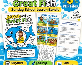 Jonah and the Whale Sunday School Lesson Bundle, Bible Coloring Pages for Kids, Christian Coloring Pages