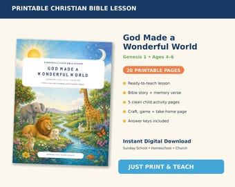 Lezione biblica sulla creazione per bambini dai 4 ai 6 anni, Genesi 1, materiale stampabile per la scuola domenicale, attività cristiana per l'istruzione domiciliare in formato PDF.