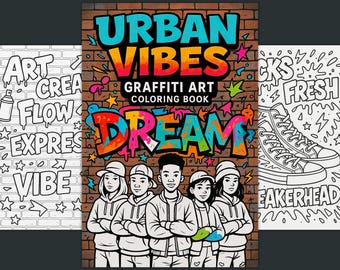 Pagine da colorare di graffiti urbani, libro da colorare stampabile di street art per adolescenti e adulti, hip-hop, fogli da colorare in stile urbano in formato PDF