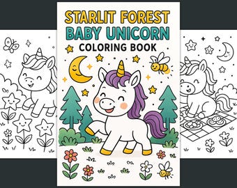 Libro da colorare con unicorno neonato / Pagine di attività nella foresta stellata (PDF)