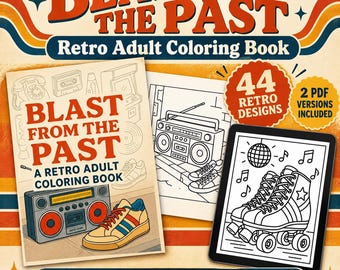 Puede incluir: Un libro de colorear digital titulado Blast From The Past Retro Adult Coloring Book con 44 diseños retro en 2 versiones PDF. La portada muestra un radiocasete y una zapatilla, mientras que las páginas interiores muestran un radiocasete y patines.