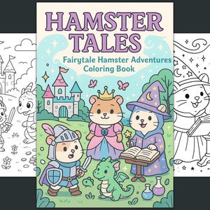 Hamster Coloring Page, Hamster Tales Fairytale Adventures Printable Book, Cute Hamster Coloring for Kids and Adults, Hamster Coloring Book
