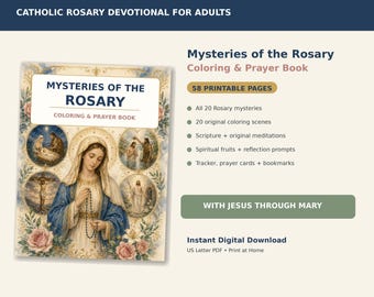 Misteri del Rosario - Libro da colorare per adulti, diario di preghiera e riflessione cattolica, devozionale stampabile sulla Vergine Maria in formato PDF.