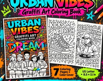 Urban Vibes Graffiti Art Coloring Pages, Street Art Printable Color Book for Teens and Adults, Sneakers & Hip-Hop, Urban Style Colouring
