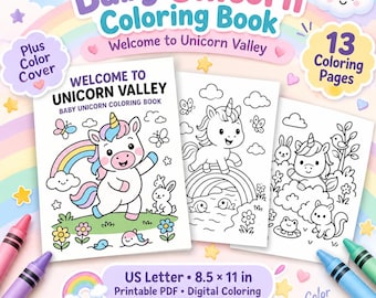Unicorn Coloring Pages for Kids, Baby Unicorn Printable Coloring Book, Rainbow Birthday Party Activity, Digital Coloring PDF