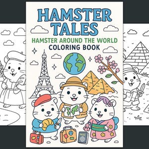 Hamster Coloring Page, Hamster Tales Around the World Printable Coloring Book, Cute Travel Hamster Activities, Hamster Digital Coloring PDF