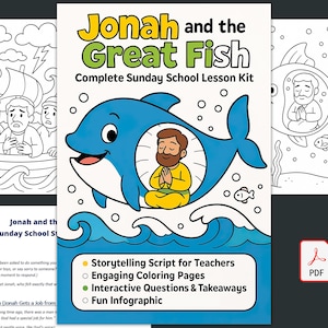Jonah and the Great Fish Bible Lesson Kit - Printable Sunday School Activities, Bible Story Coloring Pages, Christian Teaching Resource PDF