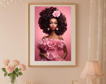 Ritratto glamour afrocentrico rosa da civetta, arte murale con donna nera (PNG)