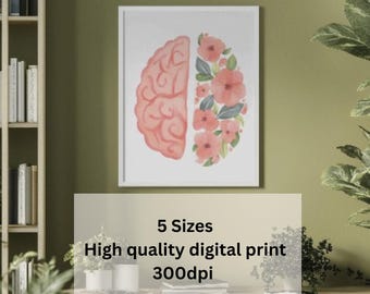 Arte anatómico imprimible - Láminas de arte médico - Decoración para consultorio médico - Regalo para enfermeras - Cerebro humano - Arte mural médico floral botánico pastel