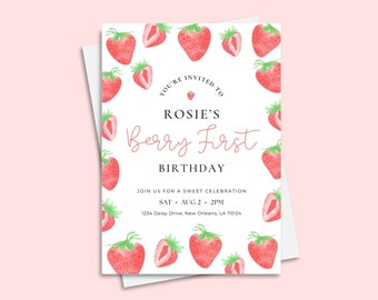 Strawberry Birthday, Berry First Birthday, Strawberry Invite, Girl 1st Birthday, 1st Birthday Invite, Berry 1st Birthday, Berry First Invite