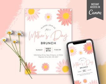Mother's Day Brunch Invitation, Mother's Day Invite, Pink Daisy Invite, Floral Mother’s Day Invitation, Digital Mother’s Day Invitation