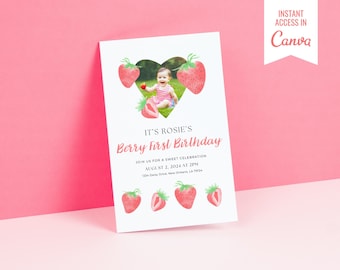 Berry First Birthday, Strawberry Invite, Girl 1st Birthday, 1st Birthday Invite, Berry 1st Birthday, Berry First Invite, Canva Template