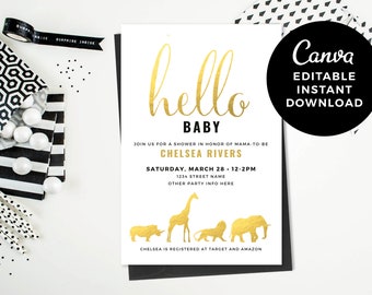 Safari Animal Baby Shower Invitation | Gold Baby Shower | Neutral Baby Shower Invite | Shower Canva Template | Editable + Print Yourself