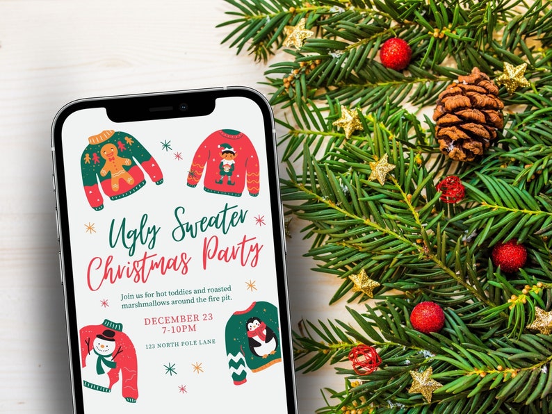 Ugly Christmas Sweater Invitation, Christmas Invitation Template, Christmas Party Invitation, Holiday Party Invitation Download image 2