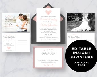 Instant Download: Fingerprints & Flourishes Wedding Invitation Suite PSD + EPS editable files - DIY