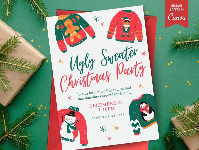 Ugly Christmas Sweater Invitation, Christmas Invitation Template, Christmas Party Invitation, Holiday Party Invitation Download image 3