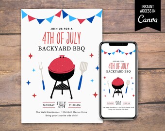4th of July Invitation | Backyard BBQ Invite | Printable 4th of July Party Invitation | Editable Backyard Barbecue Invite