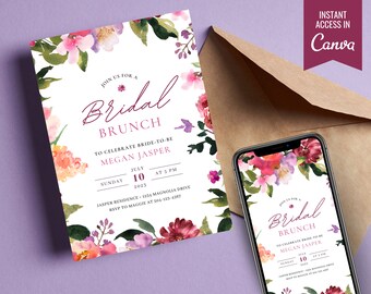 Brunch and Bubbly Bridal Shower Invitation, Bridal Shower Invite Template, Bridal Shower Brunch Invitation,Editable Bridal Shower Invitation