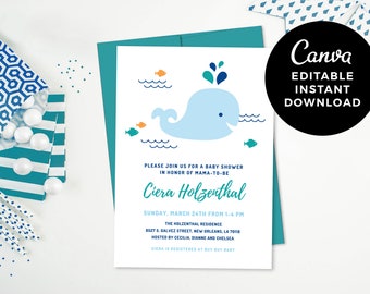 Editable Whale Baby Shower Invitation | Nautical Baby Shower Invite | Under the Sea Invitation | Whale Theme Boy