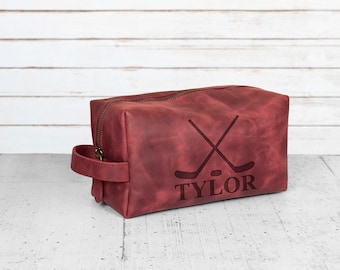 Personalized Leather Toiletry Bag for Hockey Player, Thank You Gift for Coach, Custom Hockey Fan Gift Men, Groomsmen Kit, Sport Team Present