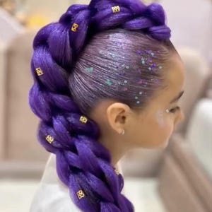 May include: A side profile of a person with a vibrant purple braided hairstyle. The braid is adorned with small gold accents. The hair is styled in a mohawk-like fashion, with glitter and decorative accents.