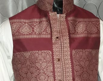 English Regency Waistcoat in Wine Silk with Soft Gold Embroidery