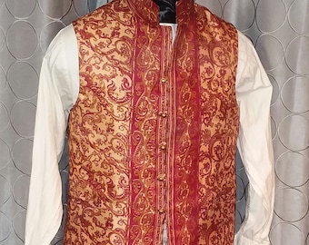 English Regency Single Breasted Waistcoat in Gold and Red Wine Vintage Silk Sari