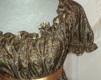 English Regency Day Dress in Paisley Silk with Copper Spencer and Matching Mens Vest