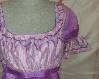 English Regency Bib Front Gown in Orchid and Cream Silk