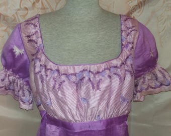 English Regency Bib Front Gown in Orchid and Cream Silk
