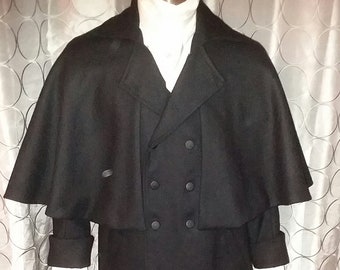 Mans English Regency Double Breasted Inverness Greatcoat Steampunk Overcoat with Cape