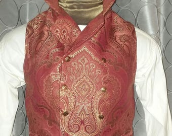 Man's Double Breasted Vest in Rust Wine Brocade