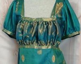 English Regency Teal Silk Bib Front Empire Gown with woven Gold Pattern