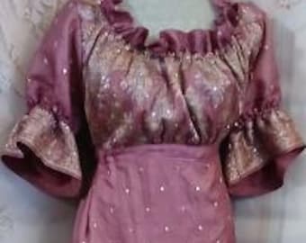 English Regency Empire Gown Rose Silk Sari Shisha Embroidered Mirrors