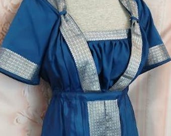 English Regency Gown made with Repurposed Vintage Silk Sari in Turquoise and Silver Trim