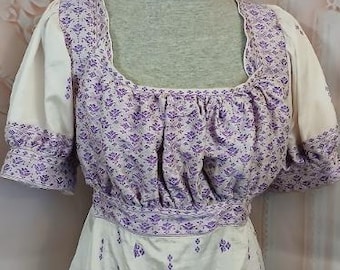 English Regency Bib Front Gown in Cream and Purple Silk