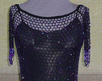 Bohemian Beaded Fishnet Crochet Dress Blue and Black Glam Goth Cyber Punk