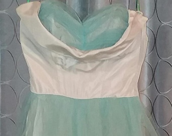Vintage 1950's Prom Dress in Cream Taffeta and Aqua Tulle