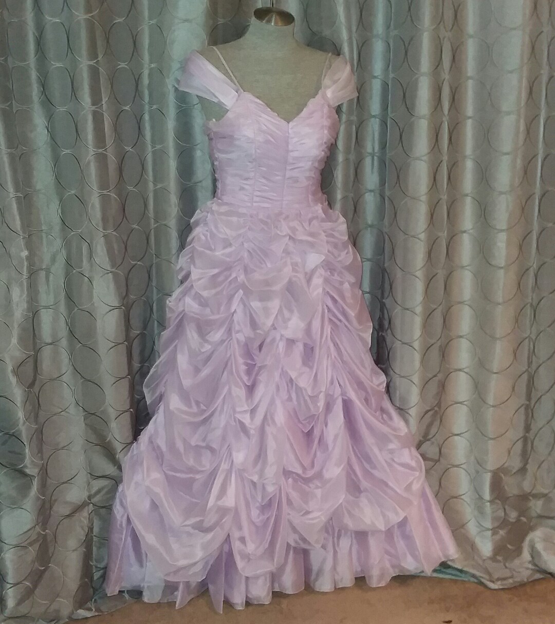 70’s Lilac Pleated and Laced Tie Neck Dress main image 1