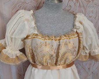 English Regency Round Gown in Cotton Muslin and Open Gown in Apricot cotton with a Chemise in Silk