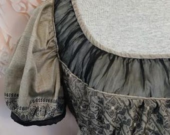 English Regency Dress with Gathered Yoke Detail in Black and Grey Silk