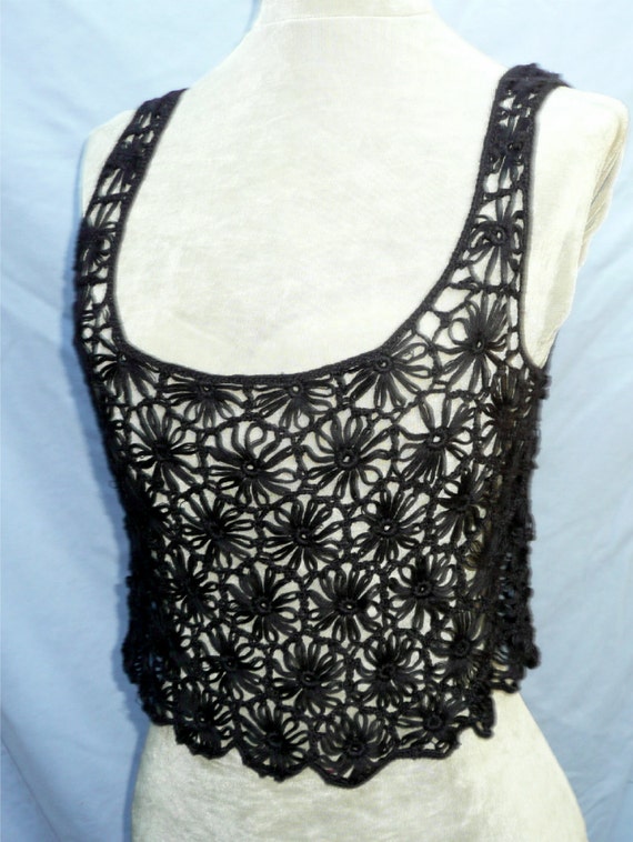 Halloween Spooky Black Cotton Lace Crochet Tank T… - image 1