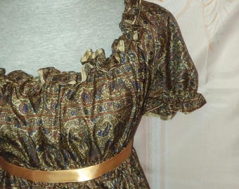 English Regency Day Dress in Paisley Silk with Copper Spencer and Matching Mens Vest