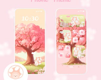 Tema per telefono a tema Mumu Sakura / Per iOS e Android / Sfondo con delicati fiori sognanti / Schermata di blocco carina / Icone e widget per telefono carini