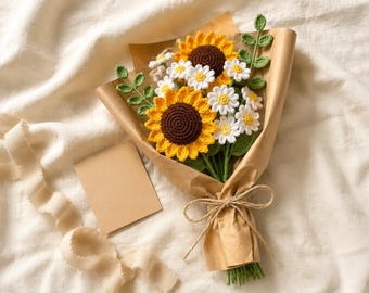 Crochet Sunflower Daisy Bouquet, Handmade Forever Flowers, Rustic Jute Wrapped Arrangement